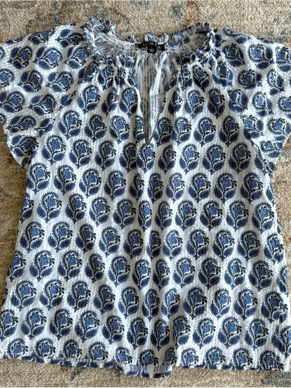 J. Crew White Top with Navy Blue Floral Print, 100% cotton